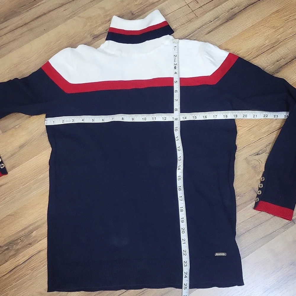 TOMMY HILFIGER Red White Blue Colorblock Silver Button Turtleneck Sweater